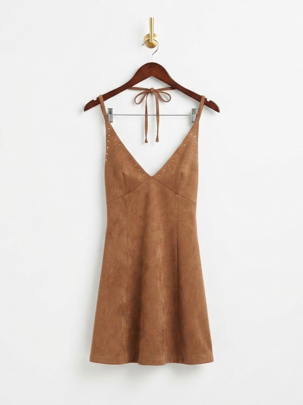 Madden Girl Dress Size Small Brown Faux Suede Studded Halter Mini Y2K Boho